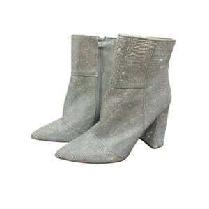 Steve Madden Rhinestone Ankle Boots Silver Size 8:5 Block Heel Pointed Toe